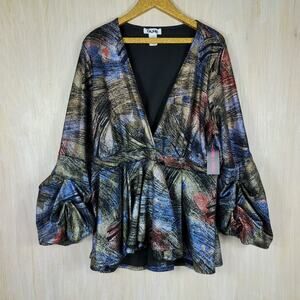 NWT Quum Multicolored V-Neck Puff Sleeve Ruffle Romantic Retro Blouse Plus 2X